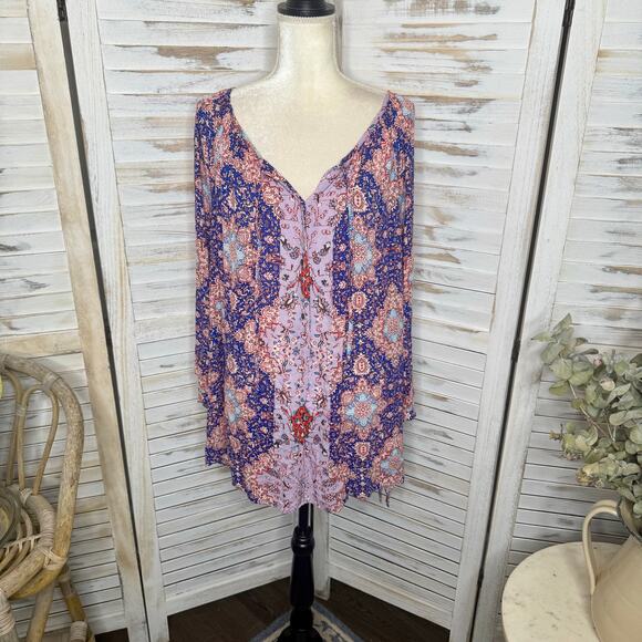 LUCKY BRAND Women's PLUS 3X Floral Print Button Popover Blouse Peasant Top - Picture 3 of 16